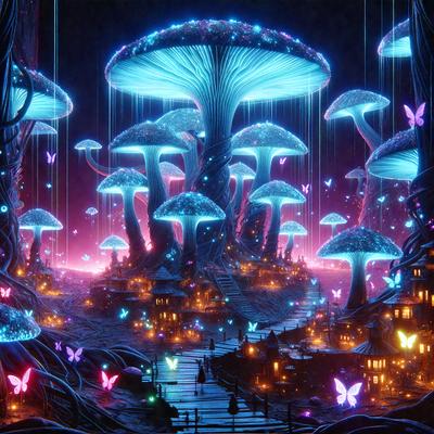 The primary subject of the image is a group of mushrooms, which are the main objects in the scene. The setting is a forest, with the mushrooms growing on trees and the ground. The visual style is digital art, as the mushrooms are depicted in a vibrant and colorful manner. The dominant colors are blue and purple, creating a lively and magical atmosphere.